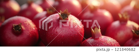 A close-up of pomegranates, vibrant red and juicy, showcasing their intricate seeds and texture 121840682