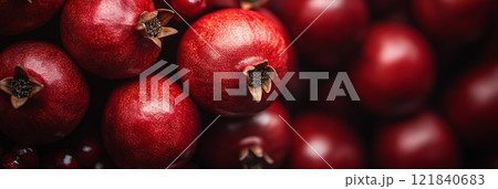 A close-up of pomegranates, vibrant red and juicy, showcasing their intricate seeds and texture 121840683