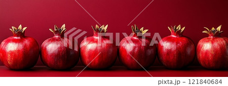 A close-up of pomegranates, vibrant red and juicy, showcasing their intricate seeds and texture 121840684