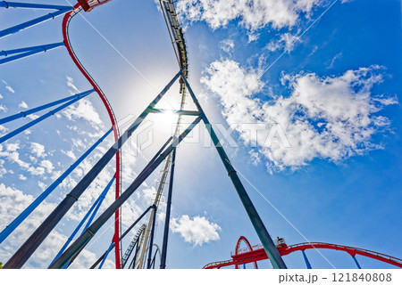 Roller Coaster in funny amusement park. Roller Coaster in funny amusement park. 121840808