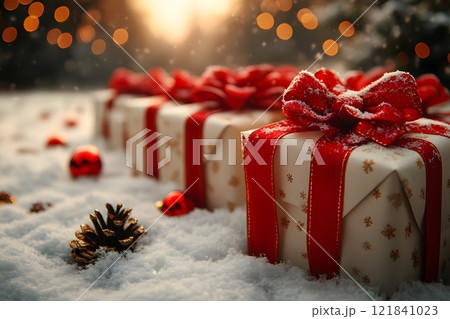 Festive Christmas Gifts in Snow with Warm Holiday Lights for Seasonal Celebration Design Generative AI 121841023