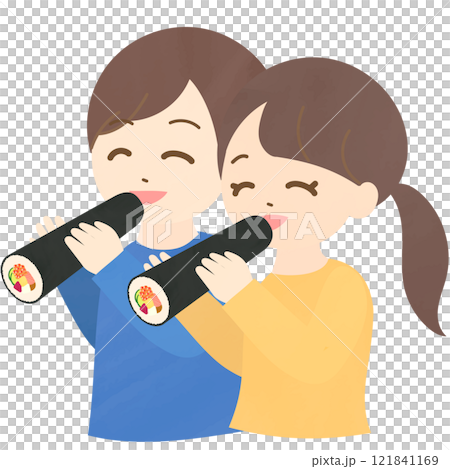 Illustration of a man and woman eating ehomaki with a smile Vector Setsubun 121841169