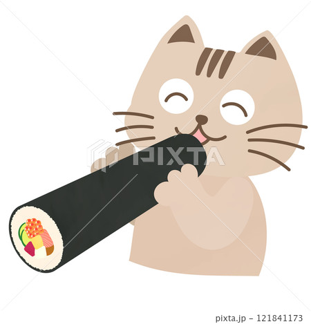 節分に恵方巻きを食べるペットの猫のイラスト　ベクター　手書き 121841173