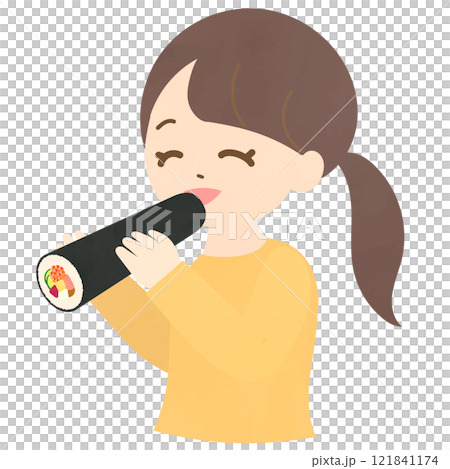 笑顔で恵方巻きを食べる若い女性のイラスト　ベクター　節分 121841174