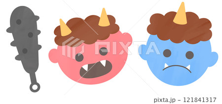 かわいい手書き水彩風の赤鬼と青鬼のイラスト　こん棒　ベクター 121841317