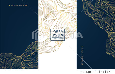 Vector set of art deco leaves golden labels, floral luxury vintage package, cards, covers. Wine, perfume, coffee products, wedding invitations. Vector set of art deco leaves golden labels, floral luxury vintage package, cards, covers. Wine, perfume, coffee products, wedding invitations. 121841471