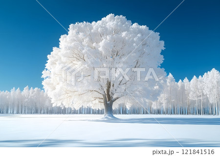 Majestic Winter Wonderland Scene with Frosty Tree in Snowy Landscape Generative AI 121841516