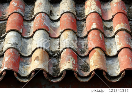 Weathered Vintage Roof Tiles with Moss Highlights Ideal for Architectural Design and Restoration Projects Generative AI Weathered Vintage Roof Tiles with Moss Highlights Ideal for Architectural Design and Restoration Projects Generative AI 121841555