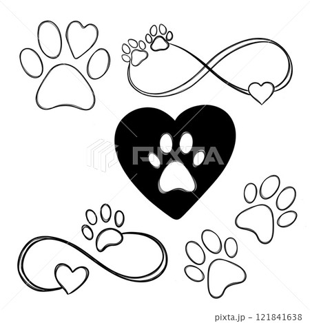 Big set line art illustration pet care, dog footprint. Dog paw tattoo idea, dog footprint Big set line art illustration pet care, dog footprint. Dog paw tattoo idea, dog footprint 121841638