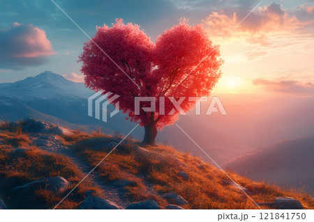 Heart-Shaped Tree in Romantic Mountain Sunset Landscape Generative AI 121841750