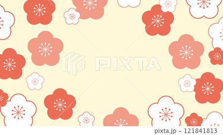 梅の花　赤　ベージュフレーム　背景　和風　和柄 121841813