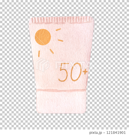 Sun cream pink tube with golden sun and 50 on it watercolor illustration isolated on white. Hand drawn high quality art great for packages, skin care information and products, ads blog posts design 121841901