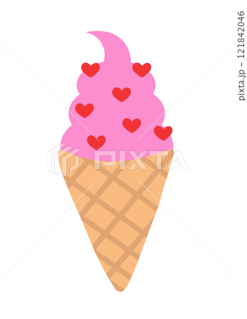 Ice cream in waffle cone with heart. Valentine day sweet food. Vector flat illustration. Ice cream in waffle cone with heart. Valentine day sweet food. Vector flat illustration. 121842046