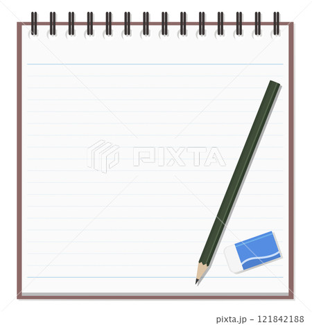 シンプルなメモ帳と鉛筆、消しゴムのセット、リングノート シンプルなメモ帳と鉛筆、消しゴムのセット、リングノート 121842188