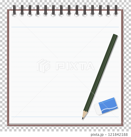 シンプルなメモ帳と鉛筆、消しゴムのセット、リングノート シンプルなメモ帳と鉛筆、消しゴムのセット、リングノート 121842188