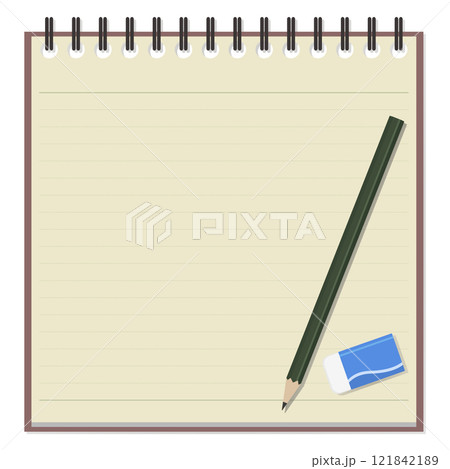 シンプルなメモ帳と鉛筆、消しゴムのセット、リングノート 121842189