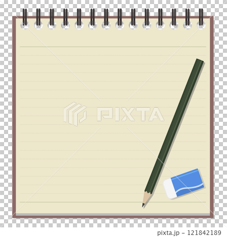 シンプルなメモ帳と鉛筆、消しゴムのセット、リングノート 121842189