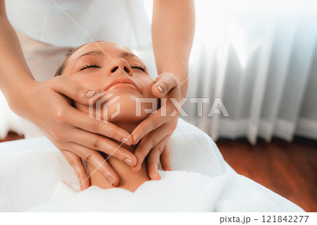 Caucasian woman enjoying relaxing anti-stress head massage. Quiescent 121842277