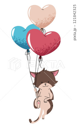 Cute brown cat flying on balloons in flat cartoon style. Favorite pet on white background. Valentine's day vector illustration for cards, stickers, banners, etc. Cute brown cat flying on balloons in flat cartoon style. Favorite pet on white background. Valentine's day vector illustration for cards, stickers, banners, etc. 121842325