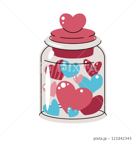 Jar with colorful hearts inside in flat cartoon style. Glass packaging with valentines on white background. Vector illustration for Valentine's day for cards, stickers, banners, etc. 121842343