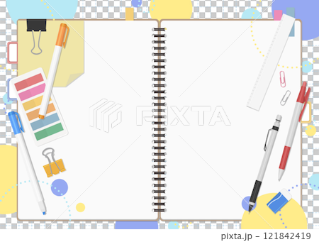 文房具とノートのセット、ポップな背景、見開き 121842419