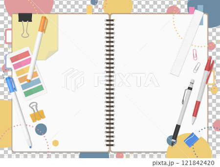 文房具とノートのセット、ポップな背景、見開き 121842420