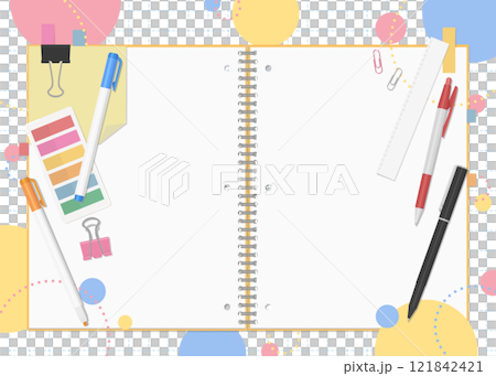 文房具とノートのセット、ポップな背景、見開き 121842421