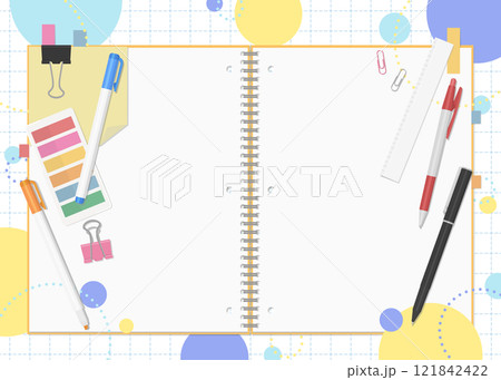 文房具とノートのセット、ポップな背景、見開き 121842422