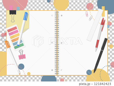 Stationery and notebook set, pop background, double page spread Stationery and notebook set, pop background, double page spread 121842423