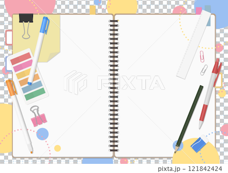 Stationery and notebook set, pop background, double page spread Stationery and notebook set, pop background, double page spread 121842424