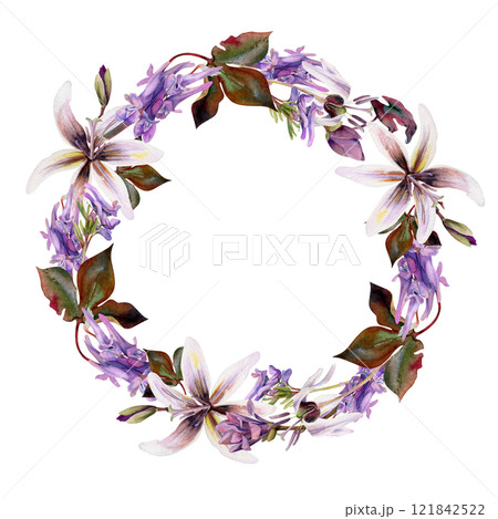 Spring flowers purple corydalis vetch orchid, mauve magnolia camelia bud, white erythronium trout lily hand drawn in watercolor. Wreath frame illustration for wedding, florist shop, stationery 121842522