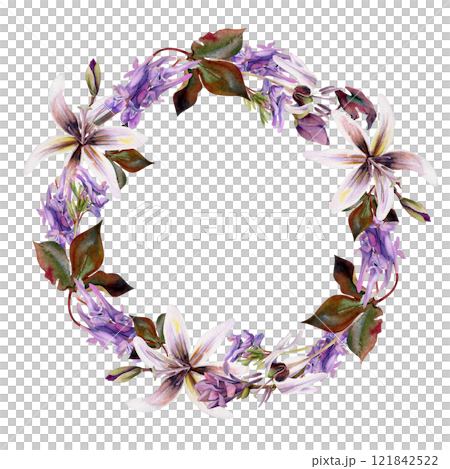 Spring flowers purple corydalis vetch orchid, mauve magnolia camelia bud, white erythronium trout lily hand drawn in watercolor. Wreath frame illustration for wedding, florist shop, stationery 121842522