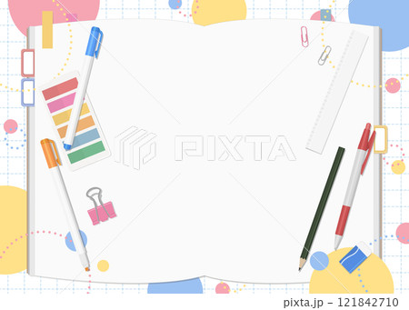 文房具とノートのセット、ポップな背景、見開き 121842710