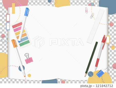 文具和筆記本套裝，流行背景，雙跨頁 121842712