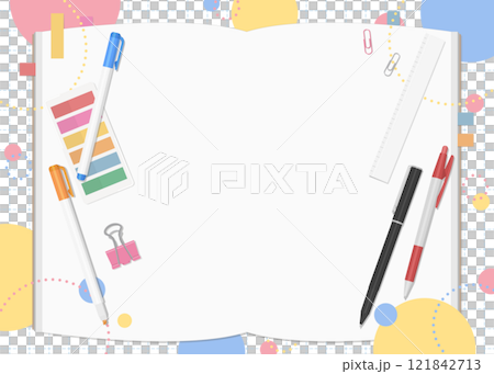 Stationery and notebook set, pop background, double page spread Stationery and notebook set, pop background, double page spread 121842713