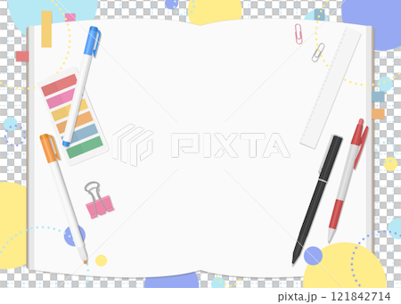 Stationery and notebook set, pop background, double page spread 121842714
