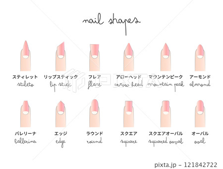 女性の爪の形のネイルシェイプ12種類セットのイラスト（ネイルデザイン／ピンク系カラー）  121842722