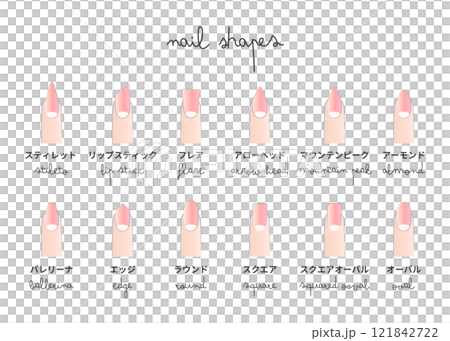 女性の爪の形のネイルシェイプ12種類セットのイラスト（ネイルデザイン／ピンク系カラー）  121842722