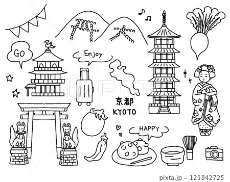 京都の手描きイラストセット 121842725