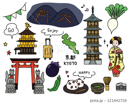 京都の手描きイラストセット 121842726