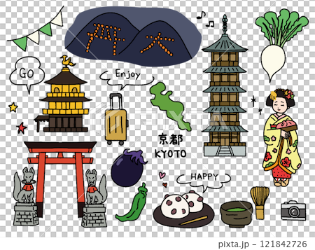 京都の手描きイラストセット 121842726