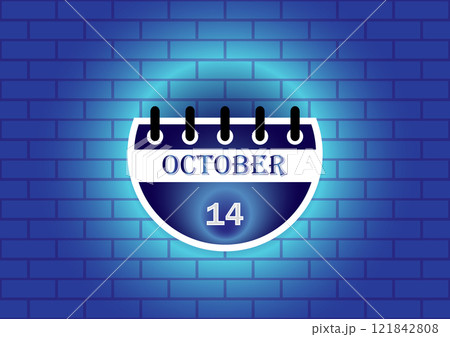 October 14th on a calendar displayed against a blue brick wall. A simple yet elegant design perfect for various applications. 121842808