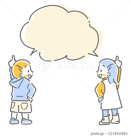 笑顔で指差す女の子と男の子　シンプルでカワイイ線画イラスト 121842991