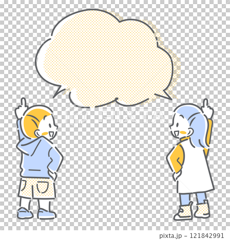 笑顔で指差す女の子と男の子　シンプルでカワイイ線画イラスト 121842991