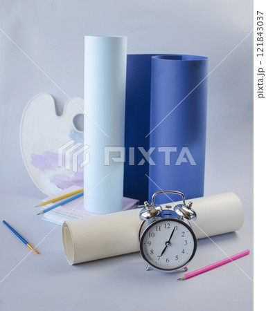 Back to school concept, stationery, paper rolls on light background, pastel colors. Back to school concept, stationery, paper rolls on light background, pastel colors. 121843037
