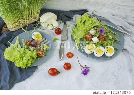 Healthy salad with lettuce, cherry tomatoes, mozzarella cheese and microgreens, on a plate, light background 121843070