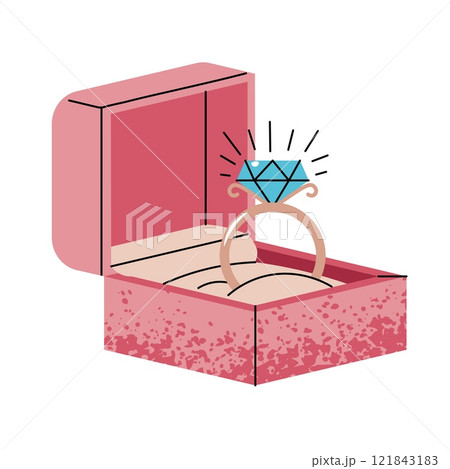 Golden wedding ring with diamond in box in flat cartoon style. Finger jewelry on white background. Valentine's day vector illustration for cards, stickers, banners, etc 121843183