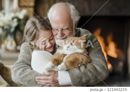 Heartwarming moments shared by a grandfather and granddaughter with their playful cat by a cozy fire in a rustic cabin. Generative AI Heartwarming moments shared by a grandfather and granddaughter with their playful cat by a cozy fire in a rustic cabin. Generative AI 121843233