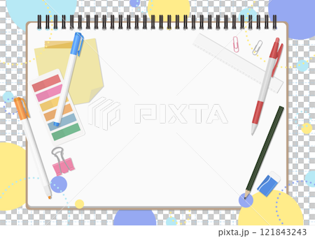 Set of stationery and notebooks, pop background, landscape orientation 121843243