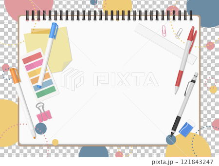 Set of stationery and notebooks, pop background, landscape orientation Set of stationery and notebooks, pop background, landscape orientation 121843247